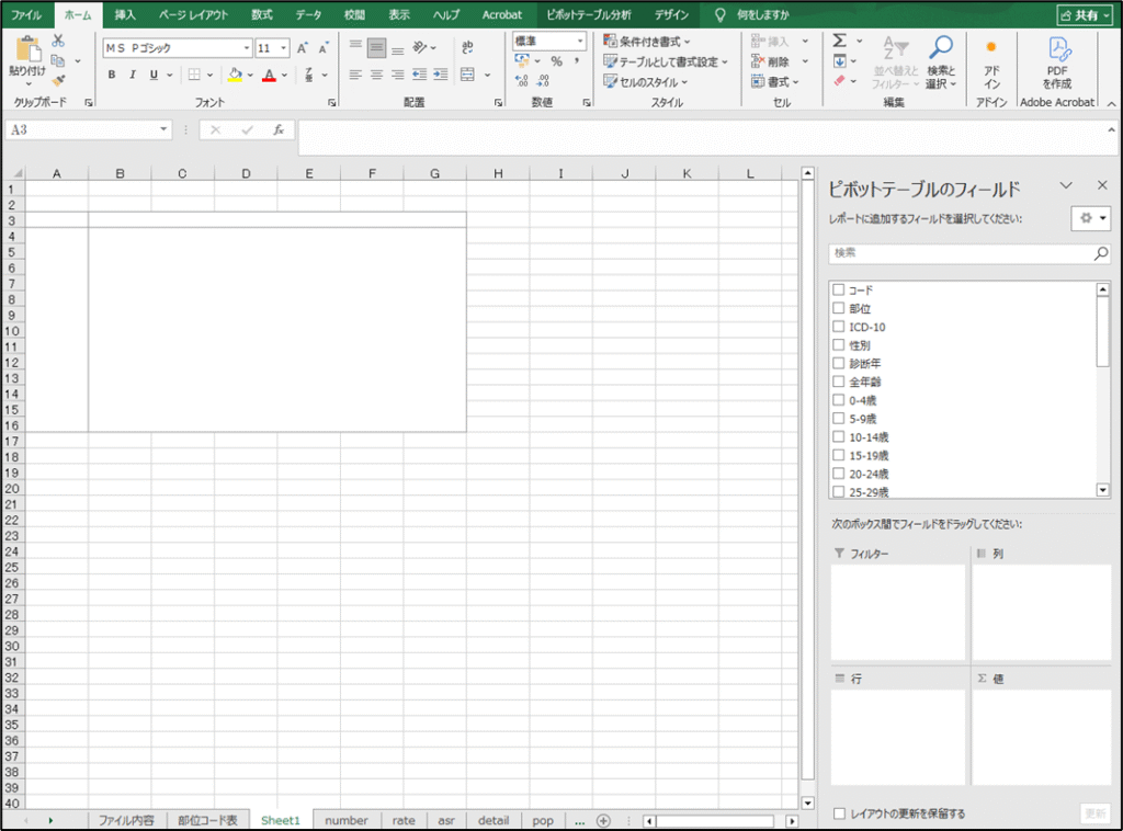 Excelで作成したがん登録データの分析方法(ピボットテーブル挿入)
